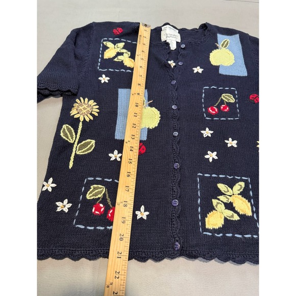 Christopher Bank Navy Blue Embroider Floral Short Sleeve Cardigan Sweater-6-4857 - Picture 6 of 9